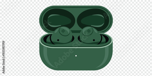 Green Wireless Earbuds in Charging Case Isolated on Transparent Background Audio Gadget Concept