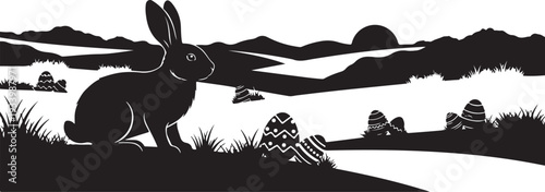 Easter bunny silhouette with eggs in a landscape scene