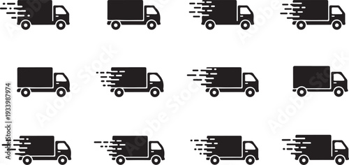 A series of black truck icons in motion on a white background with motion blur effect