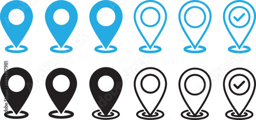 A collection of map pin icons in various colors and styles with checkmark indicators