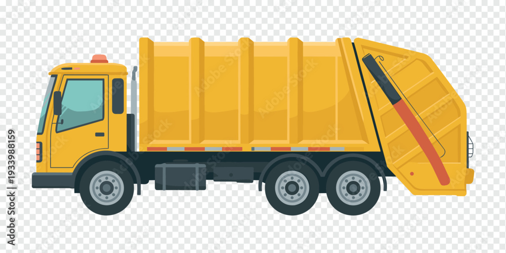 Naklejka premium Yellow Garbage Truck with Open Container Isolated on Transparent Background Waste Collection Concept