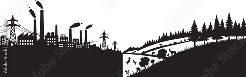 Industrial factory pollution versus natural forest landscape contrast scene