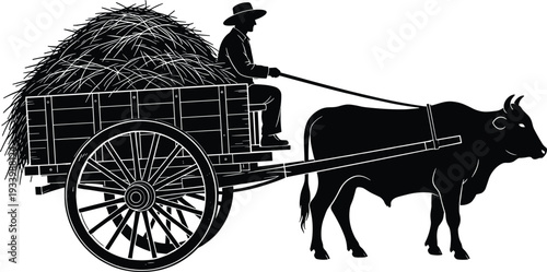 Black and white vector silhouette of a traditional farmer driving a bullock cart filled with hay harvest for rural agriculture and organic farming concepts