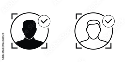 Minimalist verified user profile icon with security checkmark in camera frame isolated on transparent background