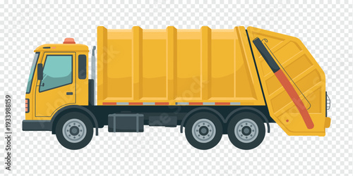 Yellow Garbage Truck with Open Container Isolated on Transparent Background Waste Collection Concept