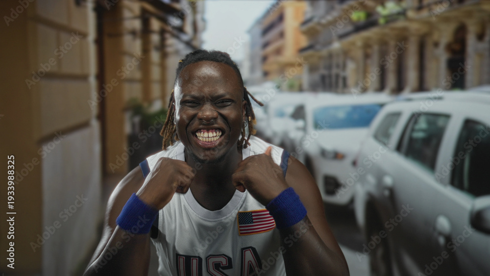 Fototapeta premium Man with bare arms raising fists and smiling on street wearing usa jersey; joy celebration energy optimism.