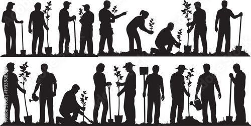 Silhouettes of people working with gardening tools and plants