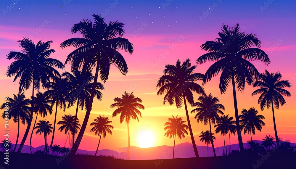Fototapeta premium Silhouette palm trees against a vibrant sunset sky, with the sun low on the horizon