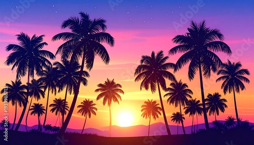Silhouette palm trees against a vibrant sunset sky, with the sun low on the horizon