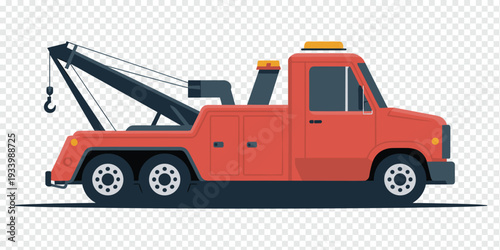 Vibrant Orange Tow Truck with Crane Arm Isolated on Transparent Background Roadside Assistance Concept