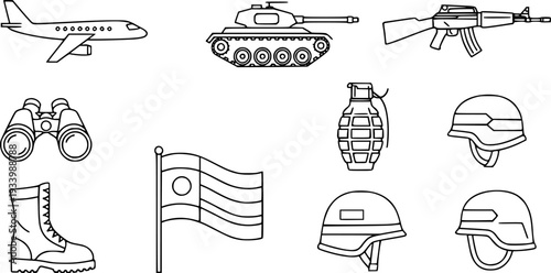 Military and Defense Equipment Icon Set - Tactical Army Tank, Fighter Jet, and Infantry Gear Vector