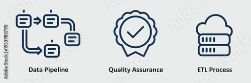 Quality assurance data pipeline icons – Suitable for software testing materials, data science blogs, or industrial automation.
