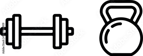 Minimalist graphic illustration of a dumbbell and kettlebell in simple line art style, representing strength training and fitness equipment