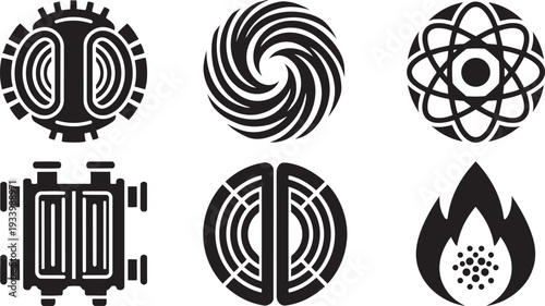 Nuclear Fusion, Advanced Tokamak Reactor and Sustainable Clean Energy High-Energy Symmetry Icon Set Vector Illustration