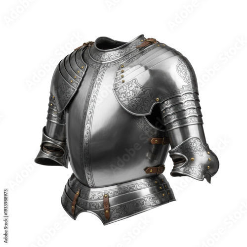 A pristine, reflective late gothic steel plate armor set, including the breastplate and pauldrons, featuring intricate etched patterns and brass rivets against a transparent studio background.