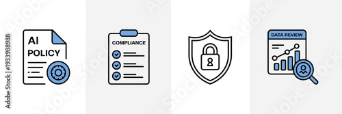 AI compliance and governance outline icon sheet - Ideal for regulatory tech platforms, legal AI articles, or corporate audit materials.