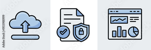 Flat design secure data upload system icons - Great for web development, data management tools, or digital security infographics.