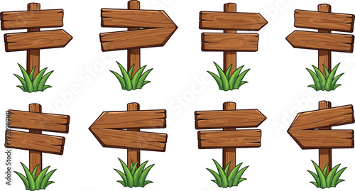 Collection of Rustic Wooden Directional Signs with Green Grass Bases Isolated on White Background for Outdoor Navigation Garden Wayfinding and Country Park Theme Illustrations
