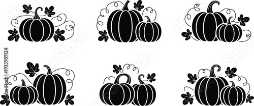 Decorative pumpkin silhouettes with leaves and vines autumn harvest illustration set black white fall seasonal design elements