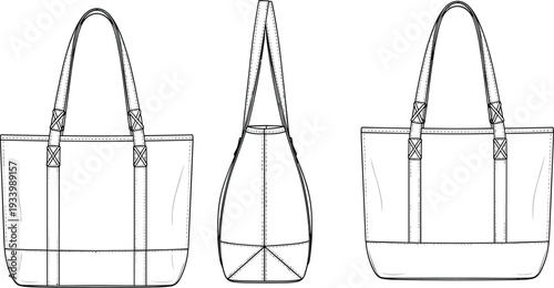 Technical Fashion Sketch of a Canvas Tote Bag Featuring Front Side and Back Views for Apparel Design Templates Product Development and Manufacturing Mockup Layouts