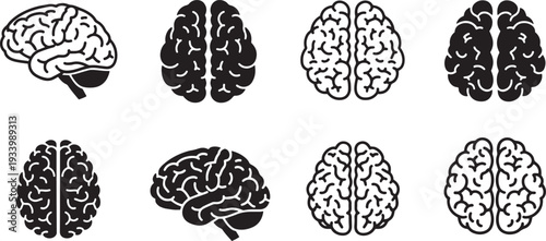 A set of vector line art brain illustrations in silhouette mode for educational or medical use