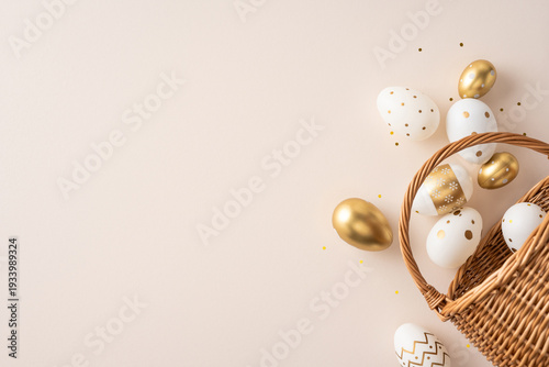 Happy Easter greeting featuring white and gold decorated eggs spilling from a wicker basket on a soft pastel background, celebrating spring with elegant metallic detail and minimalist festive styling