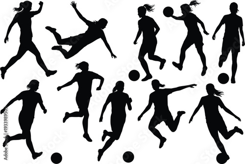 Women soccer player silhouette set playing football action sport movement athletic female team black white vector illustration