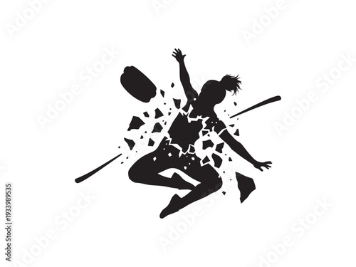 Dynamic woman breaking through obstacles with energetic movement.