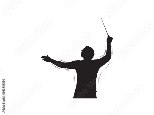 Conductor leading orchestra with confident gesture and baton.