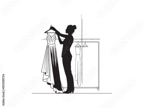 Fashion designer choosing elegant evening gown from stylish collection.