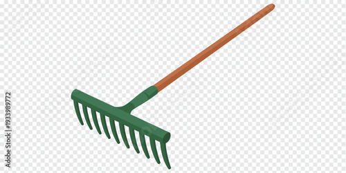 Green Garden Rake with Brown Handle Isolated on Transparent Background Gardening Tool Concept