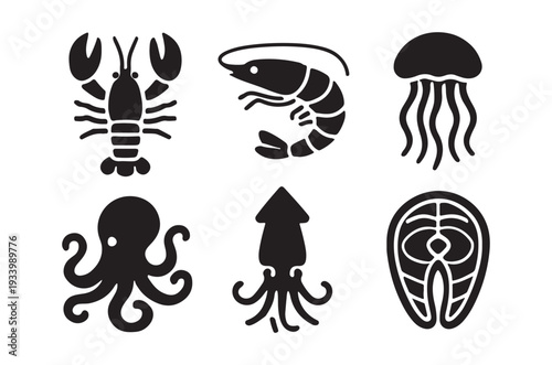 WebBlack silhouettes of various sea creatures on white background