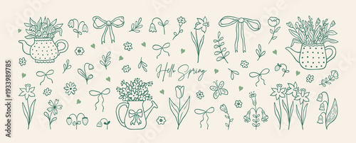 Spring hand drawn coquette floral elements. Minimalist art sketch whimsical green lines. Vector blossom meadow and garden flowers, bows, floral decor, watering can, bird, leaves and herb, strawberry.