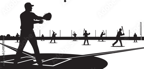 Baseball players practicing on a field at sunset silhouette