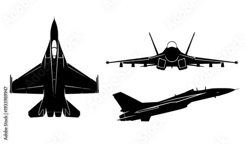 A set of black silhouettes of a fighter jet in various views