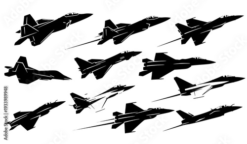 A set of black silhouette fighter jet icons in various flying positions