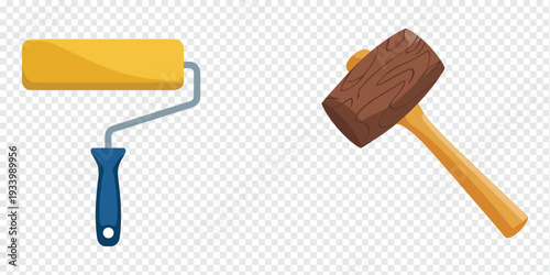 Painter Roller and Mallet Isolated on Transparent Background DIY Project Concept