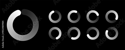 Minimalist circular loading buffering icon set with smooth gradient ring progress status for digital UI UX dark mode interface design.