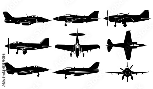 A set of black silhouette airplane icons on a white background