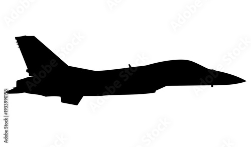 A sleek black silhouette of a fighter jet on a white background