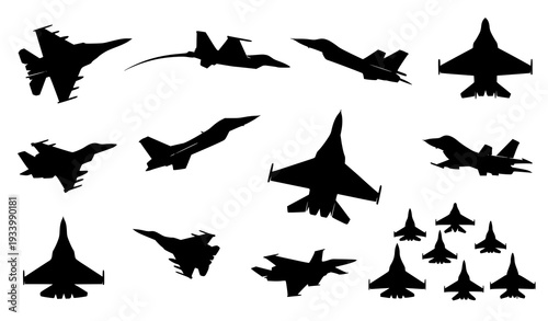 A collection of black silhouettes of various fighter jets in flight