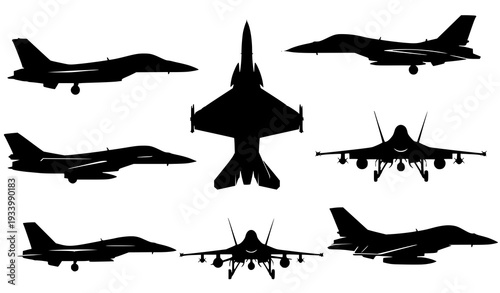 A set of black silhouette airplane icons on a white background