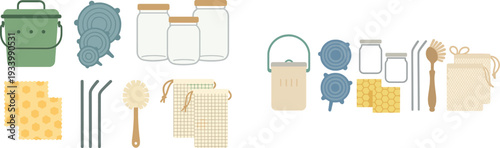 This collection features eco-friendly kitchen items, including reusable storage containers, jars, beeswax wraps, metal straws, and a cleaning brush. Ideal for promoting sustainability.