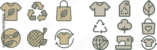 Various illustrations depict eco-friendly concepts including sustainable clothing, recycling, and eco-conscious shopping bags, promoting environmental awareness and practices.