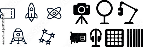 Various essential tools for content creation are laid out, including a camera, lighting ring, microphone, and headphones, situated in a contemporary studio environment.