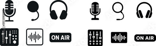 Various essential tools for radio broadcasting are displayed, featuring a microphone, headset, sound mixer, and an on-air sign. This setup reflects a professional broadcasting environment.