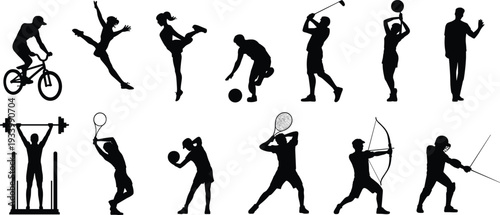 Black silhouette collection of diverse athletes performing sports activities like cycling golf tennis and archery for physical fitness training and healthy active lifestyle concepts.