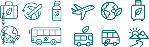 Illustrations highlight travel essentials for eco-conscious adventurers, featuring eco-friendly luggage, airplane, water bottle, globe, and bus, symbolizing sustainable travel.