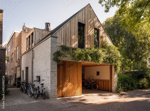 Modern brick and wood exterior of a two-story home with bicycles and garage door open
