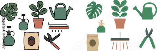 An assortment of gardening tools and plants is displayed, featuring a watering can, pumps, pruners, and a potted plant, ideal for indoor gardening activities.